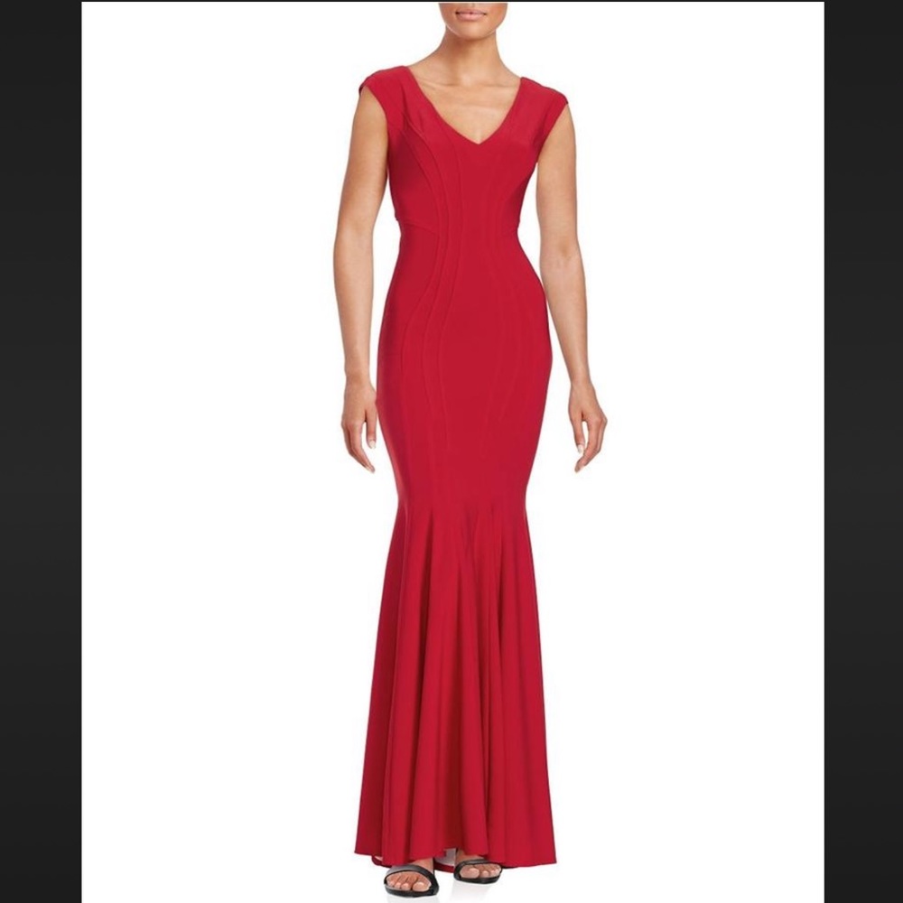 Betsy & Adam Red Knit Trumpet Gown Formal Dress 2